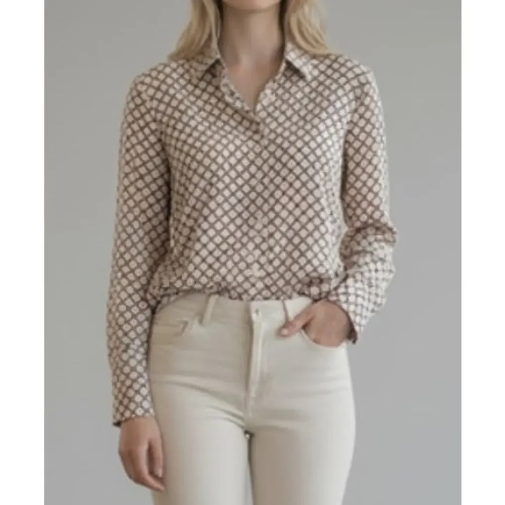 Boden Geo Dot Cotton Button Down Blouse Size: 10 Pink/Brown Pattern - Picture 1 of 10